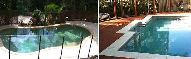 Photo of inground swimming pools installed by SEQ Spa Solutions complete with paving, coping, decking and glass pool fencing Gold Coast